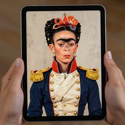 a high quality photo of frida khalo using a tablet to portray a monkey who is dressed as a napoleonic general