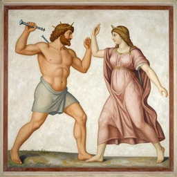 antique fresco of the fight between spax, the god of screws and goddess guiot, the goddess of fertility