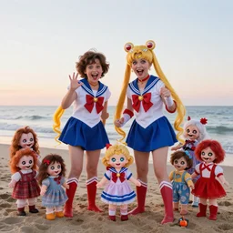 a colorful photograph of grandparents wearing sailor moon costumes in a beach, sunrise, with many diabolical dolls, the creepiest kids toys ever made, cursed dolls, with crazy laughs and crazy eyes, like little miss no name, face bank, fearsome flush, cursed mickey, blippy in the box, jolly chimp, fingertronic howdy doody electronic puppet, skinny bones, cursed teletubbies, trolls, boobahs, taken by martin parr, saturated colour photo kodachrome