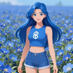 if bluetooth was an actual human female, wearing blue crop top with the bluetooth logo on and blue shorts, digital image, character illustration, highly detailed, long blue hair, background of a blue flower field, trending on art station, art, by jason chan
