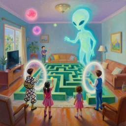painting of a costumed family being shown how to open portals by a large glowing alien in their suburban living room maze, designed by gucci, energetic glowing orbs in the air, in the style of edward hopper and james jean
