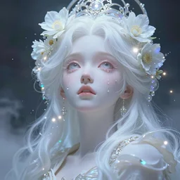 a colorful and vibrant majestic white queen open wide eyes is gazing at drops a tearwith flowers on her hair, glowing light orbs, intricate concept art, elegant, digital painting, smooth, sharp focus, ethereal opalescent mist, outrun, vaporware, cyberpunk darksynth, ethereal, ominous, misty, 8 k, by ruan jia and miho hirano, 8 k, rendered in octane