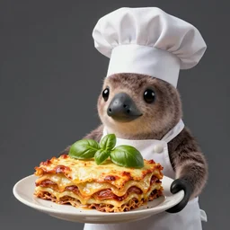 platypus wearing a chef hat while holding a lasagna with three basil leaves over the lasagna