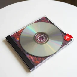 birds eye view wide angle portrait of a beautiful, colorful, cd case on a blank white table with a cd that is reflecting a lot of color off of it and has a red sticker on the case, detailed, award winning, 8 5 mm, bokeh