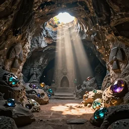 mystical secret cave full of radioactive gems carved on rock, under a sunlight beam from the surface hole, drammatic light, volumetric light, sunset enviroment, shadow effect, surrealism, beautiful, trending on artstation, best photography, full of details 8 k, high quality, wide view