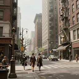 steampunk new york street scene in early spring, 1 9 4 0 s, light and shadow, sunlight, black and white film photo, by andrei tarkovsky