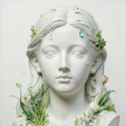 a sculpture portrait made of water drops and bubbles and plants and flowers, painting part by wojciech siudmak, part by ilya repin, part by max ernst, part by norman rockwell, artstation