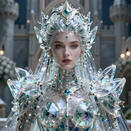 ultra detailed realistic portrait of beautiful queen in incredible glass armor made translucent fabric. in the castle magic, concept art, incredible face. intricate, elegant. art by wlop and artgerm