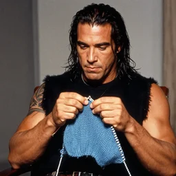 Diamond Dallas Page knitting!!, candid photograph by Annie Leibovitz.