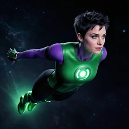photos of beautiful actress Brianna Hildebrand as a real life soranik natu soaring thru outer space as a Green Lantern, Brianna Hildebrand, photogenic, purple skin, short black pixie like hair, photography, studio lighting, cinematic