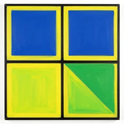 painting, four rectangle and one triangle shapes ( colors : blue, yellow, green ), divided by black lines