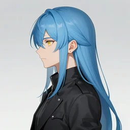 side profile of rimuru tempest with sky blue hair, long hair, sharp face, gold eyes, high collar, black jacket | professional digital painting, concept art, award - winning photography, cinematic, wlop | art by pixiv art, yoshitaka amano, junki ito