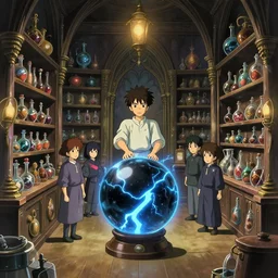 inside a magical item shop, fantasy potion vendor interior, one black crystal ball with blue lightning, wide angle, gothic interior, anime manga style, aesthetic, cory loftis, james gilleard, atey ghailan, makoto shinkai, goro fujita, studio ghibli, makoto shinkai