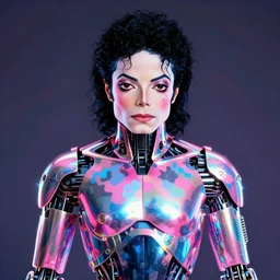 a michael jackson portrait photograph of a beautiful humanoid android by bill henson and hajime sorayama, forward facing, symmetrical composition, kodak portra 4 0 0, 5 0 mm, f 2. 8, chrome, dazzle camouflage, dayglo pink blue, glowing, prismatic, rendered in octane, trending on artstation