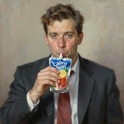 a business man drinking a fruit punch capri sun pouch, portrait, oil painting