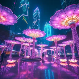 floor level perspective year 3 0 0 1 illuminated cyberpunk vibrant park filled with holograms metropolis minimalism inspired clear day flower crystal holographic parasols [ translucent skyscrapers ] saturated lighting fantasy scifi by ross tran utopia elegant dslr artstation