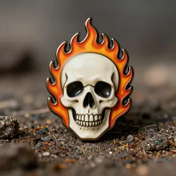 a retro vintage minimalistic skull bones with fire flame enamel pin, hd, concept art