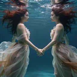 two women under water holding hands, photo realistic, intricate details, flowing dresses and hair, volumetric lighting