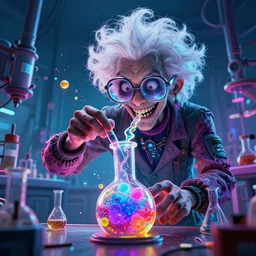 Bubbling potion, biopunk art, flying particles, mad scientist, big glasses, crazy white hair, deranged, neon colors, vibrant, 8k artstation, digital art, trending on artstation, laboratory