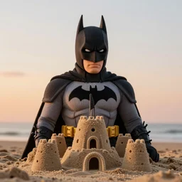 a photorealistic image of a large knitted batman guarding his batcave sandcastle during sunset at the beach Trending on artstation, featured on Behance, well-rendered, Unreal Engine, 4K HD