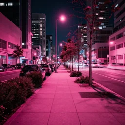 sidewalk view of highly - developed city at night, pink lighting, 2 0 5 3