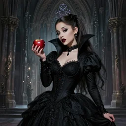 beautiful gothic Ariana Grande as a Vampire from Castlevania holding a Poison Apple, Black Hair, gothic Cathedral, ornate architecture, black dress, intricate, elegant, highly detailed, digital painting, artstation, concept art, smooth, sharp, focus, illustration, art by artgerm and greg rutkowski and alphonse mucha