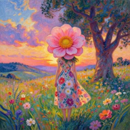 girl with giant flower hair and flower dress, standing in a flower field hills, big trees, sunrise dramatic light, impressionist painting, colorful clouds, digital painting, pointillism, artstation, simon stalenhag