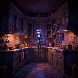 multilayered curved perspective digital art of a dim lit kitchen from Tim Burtons Nightmare Before Christmas by  Christopher Balaskas