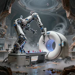 ( cyberpunk 2 0 7 7, bladerunner 2 0 4 9 ), a complex thick bifurcated robotic cnc surgical arm cybernetic symbiosis hybrid mri 3 d printer machine making a bio chemical lab, by wlop, mars ravelo and greg rutkowski, biomechanical, lens orbs, global illumination, lounge, architectural, geological strata, ground mist swirling vortexes, granular detail, hypermaximalist, micro details, 3 d sculpture f 3 2,
