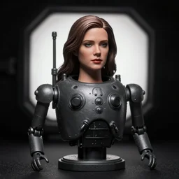 a cinematic bust photo shot of a beautiful 1 : 6 scale threea toys action figurine by ashley wood, world war one robot, black background, museum light, dark mood