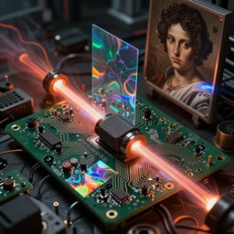 lasers, circuit board artifacts, holographics, a. i. artificial intelligence tech, ultrarealistic, futuristic, dramatic lighting, electrical details, super high details, 4 k, 8 k, best, accurate, trending on artstation, photorealism, digital painting, style of caravaggio, hajime sorayama, boris vallejo