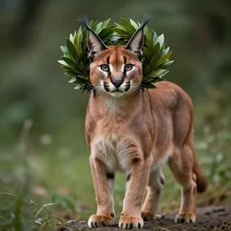 caracal, laurel wreath on his head, in laurel wreath, dressed in laurel wreath, has a laurel wreath, fullbody photo, cinematic, high detail, cinematography, vfx, 8 k