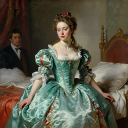 neoclassical portrait of the young red queen in a silk jade dress and corset in bedroom, by jacques - louis david, by greg rutkowski, by zdzisław beksinski, by josep tapiro baro, trending on artstation, featured on pixiv, masterpiece, oil on canvas, cinematic composition, dynamic beautiful lighting,