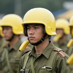 soldiers wearing banana helmets,