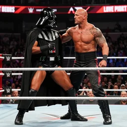 Stone Cold Steve Austin fighting with Darth Vader in the WWE ring