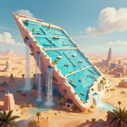 huge gargantuan angular dimension of infinite poolrooms, buildings by escher and ricardo bofill. utopian landscape by roger dean. magical realism, surrealism, arid desert, waterfalls, clouds, mallsoft, vaporwave, trending on artstation, shot from below, epic scale