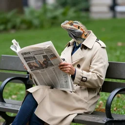 a lizard in a trenchcoat reading the newspaper while sitting on a bench in the city park