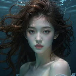 an underwater photographic beauty portrait, cinematic, volumetric lighting, fantasy, intricate, elegant, highly detailed, digital painting, artstation, concept art, smooth, sharp focus, illustration, art by jingna zhang, ayami kojima, artgerm