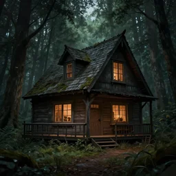 a creepy cabin in the woods 4 k, concept art, by wlop, ilya kuvshinov, artgerm, krenz cushart, greg rutkowski, pixiv. cinematic dramatic atmosphere, sharp focus, volumetric lighting, cinematic lighting, studio quality