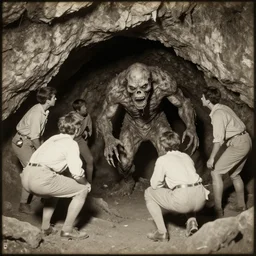 explorers discover horrifying monster in cave, 1 9 0 0 s photograph