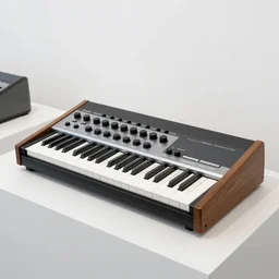 dezeen showroom , minimalissimo, archdaily, , teenage engineering moad, mother of all decks, product design concept,product shot of moog melotron synthesizer designed by jony ives, dieter rams, 8k, highly detailed photo
