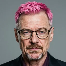 portrait of a Walter White cyberpunk pink hairstyle serious facial expression hipster glasses by Mario Testino, headshot, detailed, award winning, Sony a7R