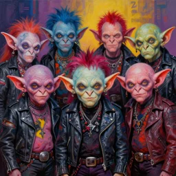 apocalyptic squalor goblin characters posing together for a professional group photo, psychedelic vibrant colors, punk rock fashion, oil painting by michael whelan art, perfect faces, sharp focus, detailed eyes, realistic, leather jackets, 8 k