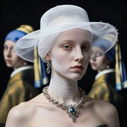 a beautiful futuristic portrait with hat made by wires and white gauze twisted around her face, necklace made by wires, design by leonardo davinci, inspired by egon schiele, vermeer, modern art, baroque art jewelry, new classic, hyper realistic, cinematic composition, cinematic lighting, fashion design, concept art, hdri, 4 k n 9 - i