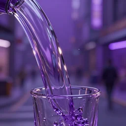 Flowing glass, purple blurred background, volumetric light, 8K, Unreal Engine 5, ray tracing, octane render, realistic, real, street