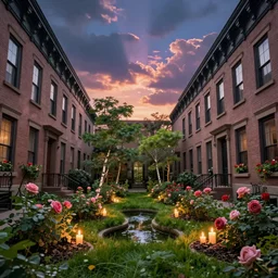 between two 1 9 th - century brooklyn brownstone buildings, a surreal small twilight creek - garden, rose - brambles, candle - bir, cinematic view, epic sky, detailed, concept art, low angle, high detail, warm lighting, volumetric, godrays, vivid, beautiful, trending on artstation, by jordan grimmer, huge scene, grass, art greg rutkowski