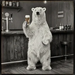 a still of a polar bear holding a beer at a bar, standing on two legs on the floor. beer tap. daguerrotype