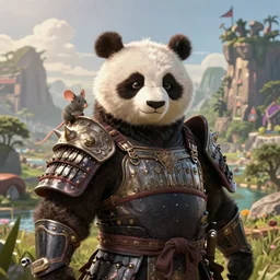 a portrait an anthropomorphic panda samurai, wearing armor with spiked shoulders, small mouse companion, landscape in background, dnd character art portrait, world of warcraft style, by peter mohrbacher, cinematic lighting