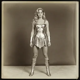 she - ra, blonde hair, portrait, full body, symmetrical features, silver iodide, 1 8 8 0 photograph, sepia tone, aged paper, sergio leone, master prime lenses, cinematic