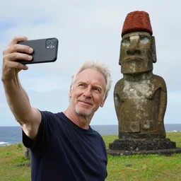 roger waters takes selfie with eastern island statue, realistic, hdr, clear image, hdd, dynamic lighting, rtx on,